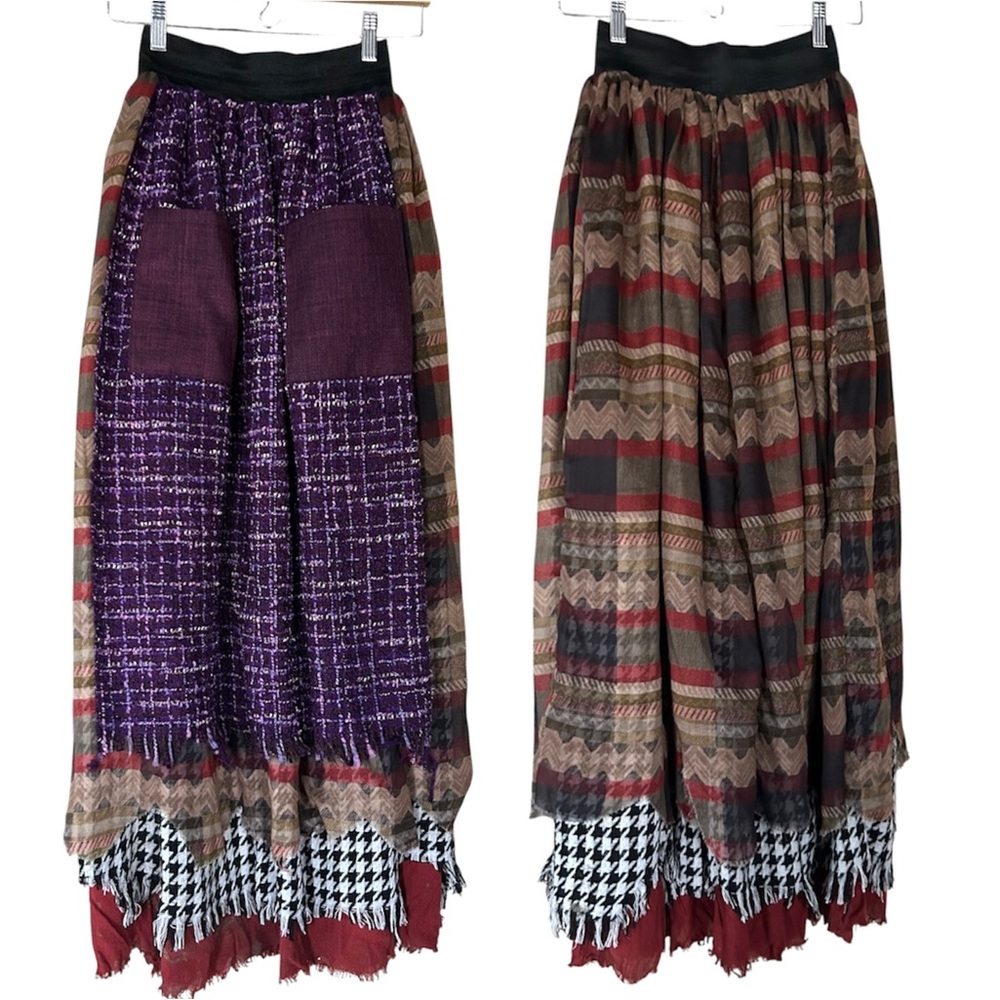 Boho Patchwork lagenlook midi Skirt Purple Brown Houndstooth Size S